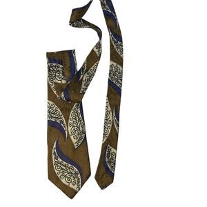 Hanover St The Works Silk Mens Necktie Paisley Brown Blue Cream 56” Long 4” Wid